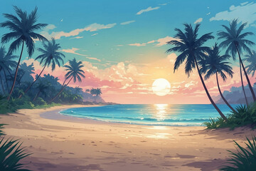 Beach with white sand and blue sea in summer with swaying coconut trees. The sunrise on a foggy morning. In anime style