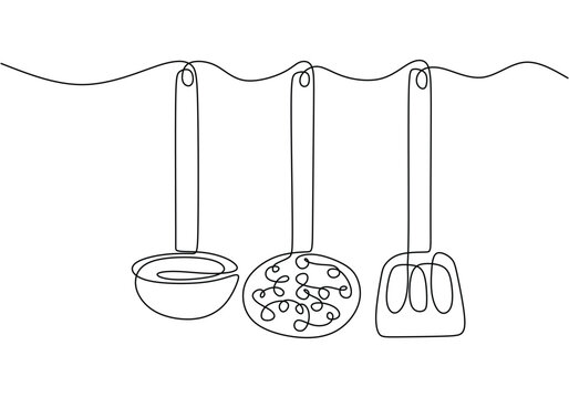 one continuous line drawing of hanging silk, spatula and cooking spoon isolated on white background.
