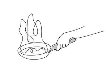 one continuous line drawing of hand holding frying pan on white background Cooking and kitchen tools