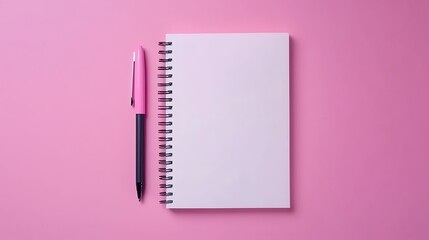 Blank notebook with spiral for the application of labels and pen on pink background. Top view. Generative Ai