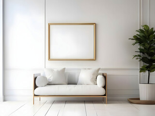 Mockup poster frame on the wall of living room. Luxurious apartment background with contemporary design. wooden sideboard, white sofa, green stand, base with leaves, plants, and stylish lamp
