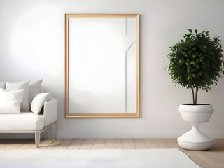 Mockup poster frame on the wall of living room. Luxurious apartment background with contemporary design. wooden sideboard, white sofa, green stand, base with leaves, plants, and stylish lamp
