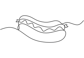 one continuous line drawing of hotdog isolated on white background. Fast Food minimalism concept.