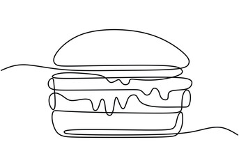 one continuous line drawing of Cheeseburger. Fast food hamburger, cafe menu and restaurant concept.