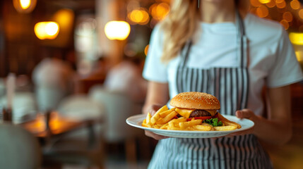 close up of waitress holding white plate with hamburger and fries, blurred background in restaurant or hotel interior, soft focus, bokeh effect