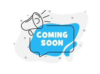 Coming soon of marketing design badge with loudspeaker blue color. Vector illustration on white background