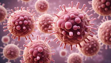 Dangerous virus, flu infection medical Microscopic view of floating pathogen respiratory influenza virus cells.