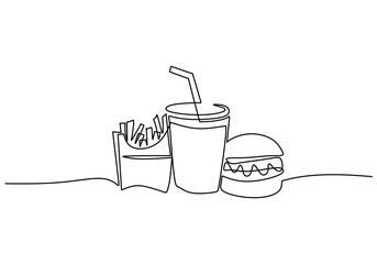 Single line drawing of Burger, soda and french fries fast food in continuous line art style.