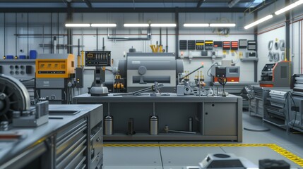 A state-of-the-art workshop with complex machinery, innovative prototypes, and neatly arranged tools.