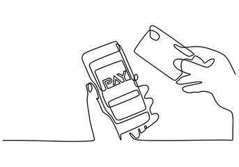 one continuous line drawing of hand hold Smartphone and credit cards isolated on white background.