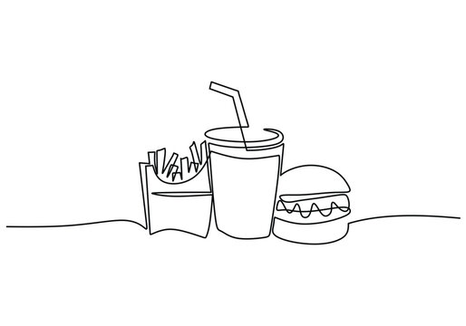 recommend clip art: Single line drawing of Burger, soda and french fries fast food in continuous line art style.