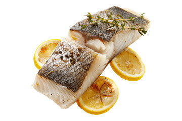 Roast sea bass filled with lemon and thyme isolated on a white background