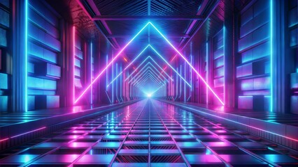 neon hallway, glowing lines, futuristic sci-fi corridor, purple pink blue lights, symmetry, geometric shapes, abstract 3D render, trippy visuals
