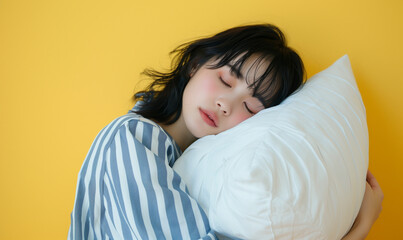 枕を持って寝ているパジャマ姿の女性