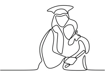 one continuous line drawing of graduated student wear cap, gown and bring certificate hug mother.