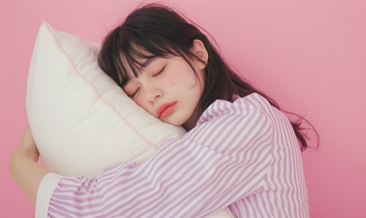 枕を持って寝ているパジャマ姿の女性