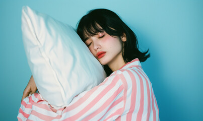 枕を持って寝ているパジャマ姿の女性