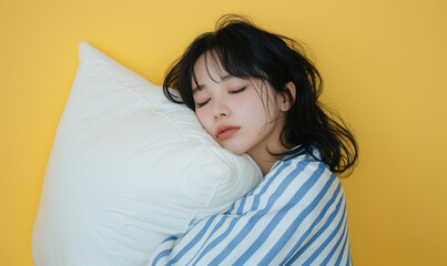 枕を持って寝ているパジャマ姿の女性