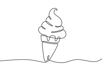 one continuous line drawing of Ice cream in waffle cone isolated on white background.
