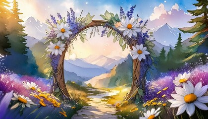 Wildflower arch gateway from fields of flowers to mountainous landscape.