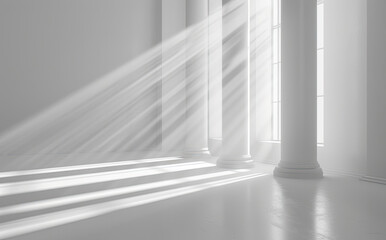 Interior of a white room with sunlight. Created with Ai
