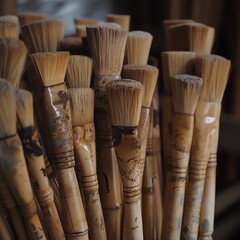 A close-up of a variety of paintbrushes with natural bristles. The handles are made of wood and...