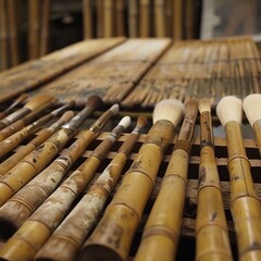 A variety of bamboo calligraphy brushes are neatly arranged on a bamboo table.