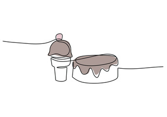 continuous line drawing of ice cream and donuts with chocolate topping isolated on white background.