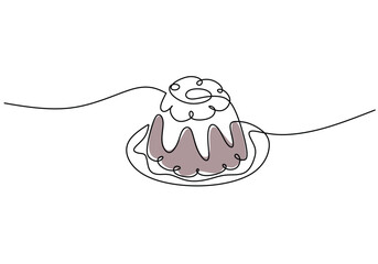Continuous one line drawing of sweet pudding. Dessert concept isolated on white background.