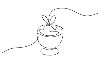 one continuous line drawing of candle cake with mint leaf isolated on white background. Sweet food.