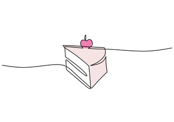 Piece of birthday cake with pink cherry topping in one continuous line drawing style.