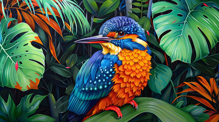 Contemporary painting of tropical flora and fauna, featuring a vibrant bird amidst lush leaves