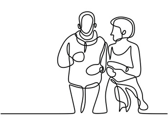 one continuous line drawing of old man and woman are jogging. Sport. Slow aging. Vector illustration
