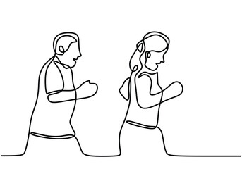 one continuous line drawing of old senior man and woman couple jogging together on white background.