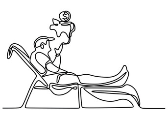 one continuous line drawing of person vacation with piggy bank coin. Concept of retirement and invest.