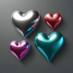 3D chrome heart y2k shape set vector silver liquid love