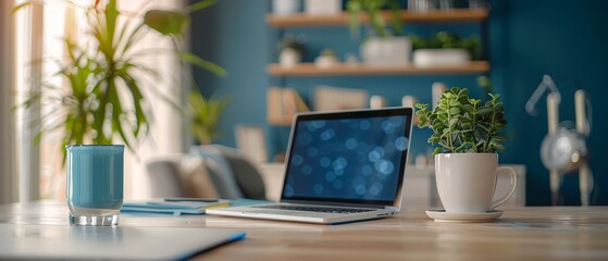 Modern home office setup with laptop, plants, and blue accents, perfect for productivity and comfort in a contemporary workspace.