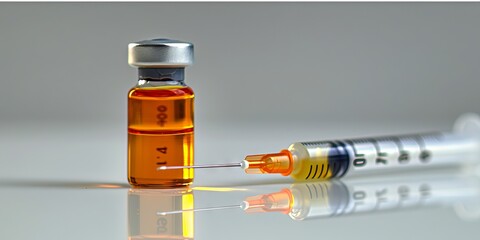 Close-up of a medical syringe with a vaccine vial on a reflective surface, highlighting a crucial aspect of modern healthcare and immunization.