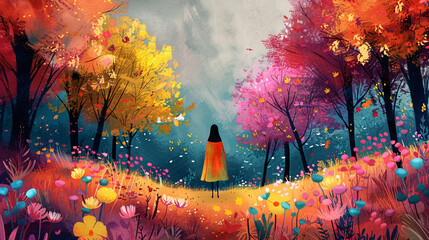 Decorative illustration of a woman in a city park, surrounded by blooming flowers and colorful trees, painted in an abstract style