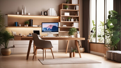a desk with a computer on it, a chair, some plants, and some shelves on the wall.