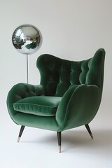 green velvet armchair with disco ball, white background, minimalist photography. Generative Ai