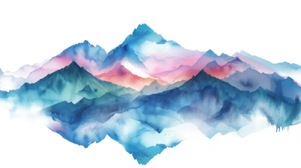 watercolor style mountains range, blue, pink and green colors on white and transparent background