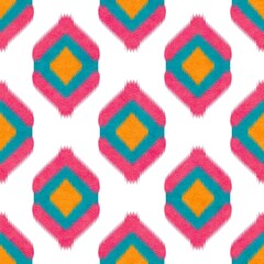 Watercolor Ethnic seamless pattern in tribal.Ikat design on paper texture in native American, Mexican, African, Tradition style.Aztec geometric folk culture art background.Boho abstract.Hand painted.