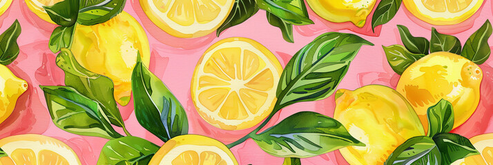 watercolor of lemons and leaves background, generative AI