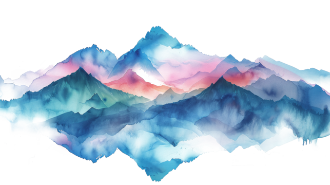 watercolor style mountains range, blue, pink and green colors on white and transparent background