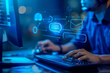 A person using a computer with glowing icons representing communication and customer service.