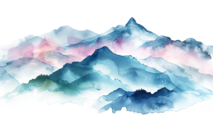 watercolor style mountains range, blue, pink and green colors on white and transparent background