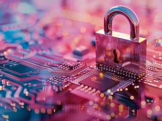 Fototapeta premium A close-up of a padlock on a colorful circuit board symbolizing cybersecurity, data protection, and digital security.