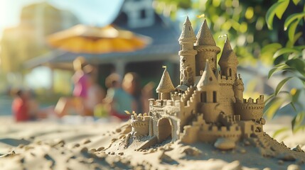 A detailed sandcastle on a sunny beach with blurred children playing and a beach umbrella in the background, depicting summer fun and creativity.