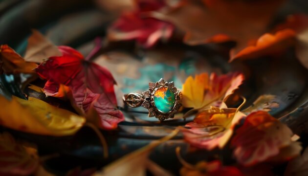 A beautiful ring with a glowing blue opal stone surrounded by autumn leaves, creating a magical and enchanting scene.